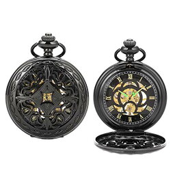 ManChDa Vintage Black Mechanical Hollow Hunter Hand Wind Pocket Watch Luminous Pointer with Chain for Men + Box