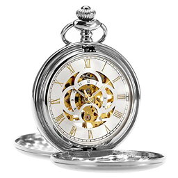 ManChDa Silver Pocket Watch for Men Son Pocket Watch Mechanical Pocket Watch with Chain Retro Smooth Classic Handwind Pocket Watch Roman Numerals Pocket Watch for Women