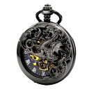 TREEWETO Mens Antique Mechanical Pocket Watch Lucky Dragon Hollow Double Case Skeleton Dial with Chain + Box