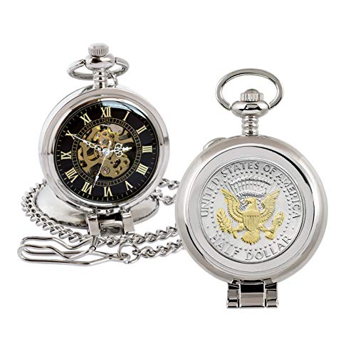 Coin Pocket Watch with Skeleton Quartz Movement | Presidential Seal JFK Half Dollar | Genuine U...