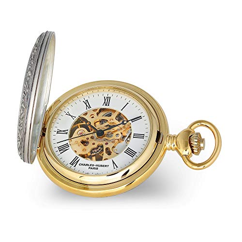 Sonia Jewels Charles Hubert 2-Tone Crown Emperor Royal King Queen, Ribbon and Shield Skeleton Pocket Watch 14.5