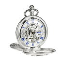 TREEWETO Silver Double Cover Roman Numerals Dial Skeleton Mens Women Pocket Watch