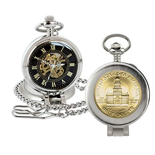 Coin Pocket Watch with Skeleton Movement | Gold Layered JFK Bicentennial Half Dollar | Genuine U.S. Coin | Sweeping Second Hand, Magnifying Glass | Silvertone Case | Certificate of Authenticity