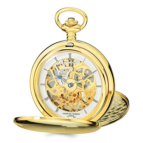 Charles Hubert IP-Plated Stainless Steel Skeleton Dial Pocket Watch 14.5"