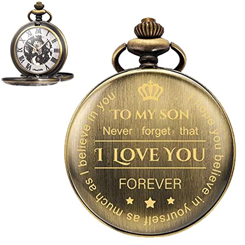 ManChDa Mechanical to My Son Double Cover Roman Numerals Dial Skeleton Personalized Engraved Pocket Watches