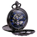 TREEWETO Black Double Cover Roman Numerals Dial Skeleton Mens Women Pocket Watch