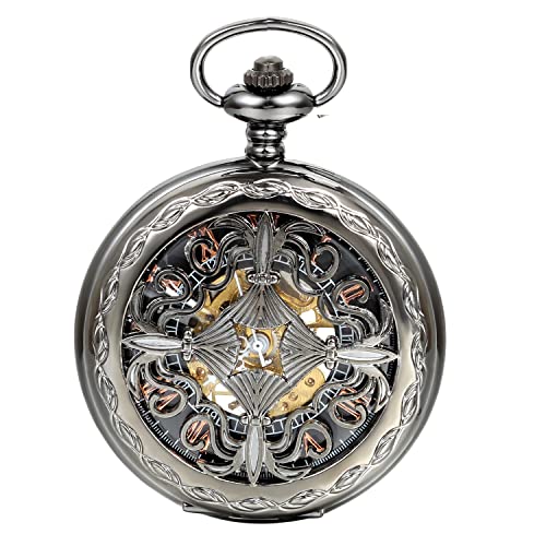 JewelryWe Hunter-case Pocket Fob Watch Mechanical Black Dial Celtic Knot Hollow