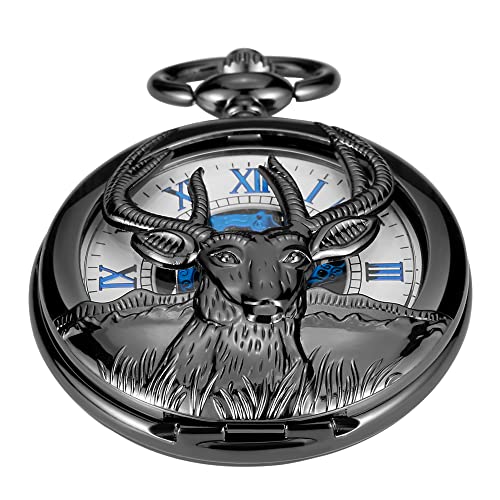 Skeleton Goat Manual Winding Men's Mechanical Pocket Watch, Roman Numerals Pendant Chain Mechanical Pocket Watches Gift for Men