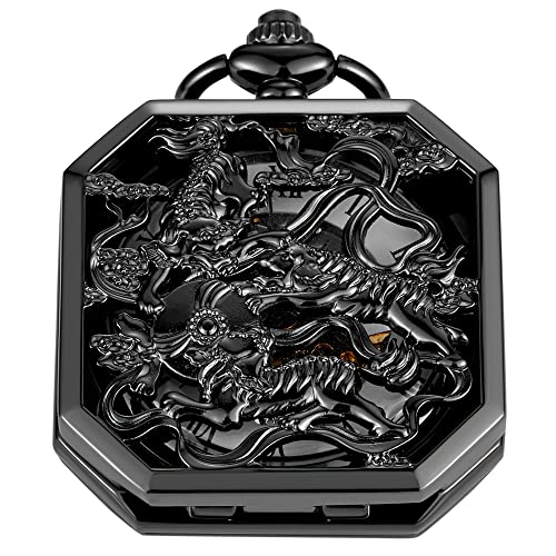 Whodoit Square Mechanical Pocket Watch Men's Black Kirin Fighting Tiger Animal Pendant with Chai..