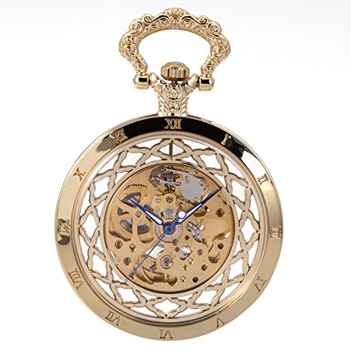 ManChDa Steampunk Automatic Skeleton Mechanical Pocket Watch Open Face Men Gold Antique Roman Nu..