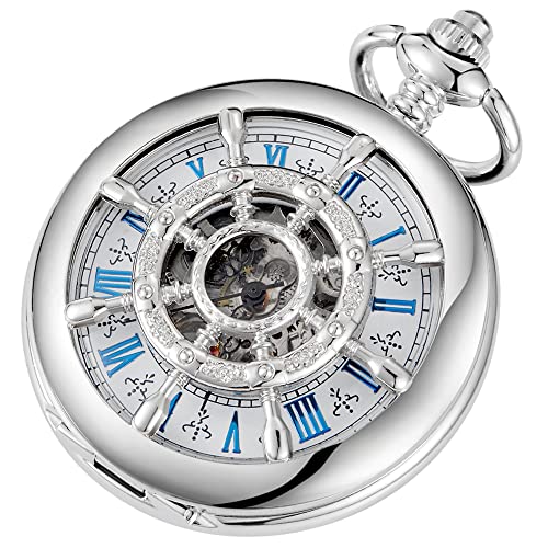 Alwesam Men's Mechanical Rudder Design Hand Wind Pocket Watch Roman Numerals Steampunk with Chain Box