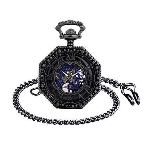 Infinite U Mens Pocket Watch Steampunk Vintage Unique Octagon Skeleton Mechanical Pocket Watch with Chain
