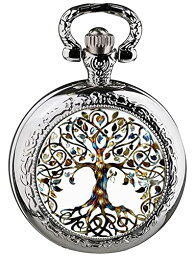 Silver Stainless Steel Tree of Life Glass Cabochon Pocket Watch Best Gifts for Women Girls