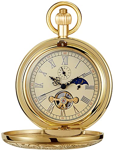 Tiong Men s Pocket Watch Mechanical Hand Wind Antique Tourbillon Moon Phase Analog Pocket Watches with Chain & Box Father s Day Gifts for Dad