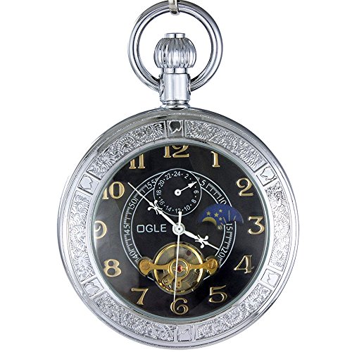 OGLE Waterproof Luminous Magnifier Tourbillon Moon Sun Chain Fob Self Wind Automatic Mechanical Pocket Watch (Silver Black)