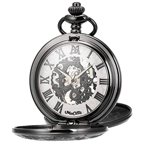 商品情報 商品名 ManChDa Mechanical Roman Numerals Dial Skeleton Pocket Watches with Box and Chains for Mens Women (4.Black Whit...