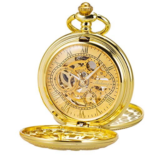 SIBOSUN Pocket Watch Skeleton Mechanical Double Case Hand-Wind Gold Roman Numerals Antique Mens