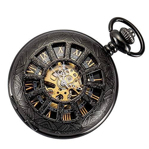 SIBOSUN Pocket Watch for Men Mechanical Skeleton Black Men's Pocket Watch Gifts for Men and Women Pocket Watches with Chain and Box Special 12-Little-Window Case Design