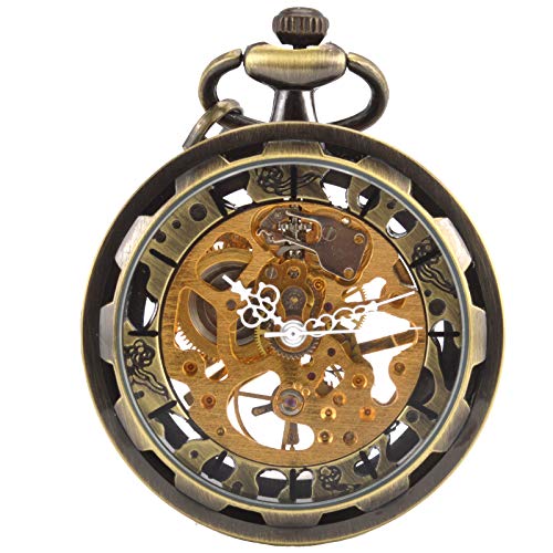 SIBOSUN Steampunk Transparent Open Face Pocket Watch for Men Women Skeleton Dial Antique with Chain + Box