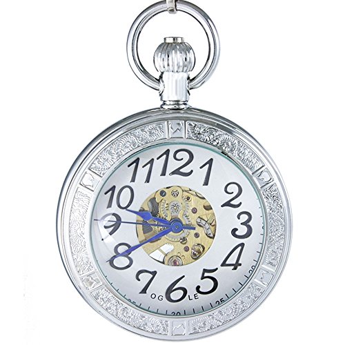 OGLE Waterproof Magnifier Skeleton Chain Silver Luminous Fob Self Winding Automatic Mechanical Pocket Watch (Silver White)