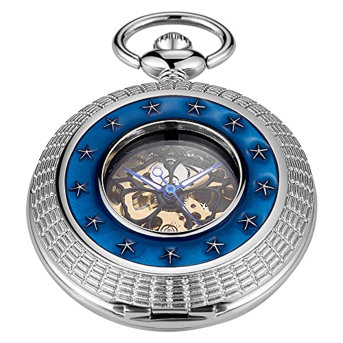 Automatic Winding Mechanical Pocket Watch Star Circle Blue Printing Mechanical Pocket Watch Carved Design