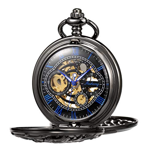 TREEWETO Mens Mechanical Pocket Watch Antique Dream Dragon Skeleton Double Open Case Gift for Men Women with China & Box
