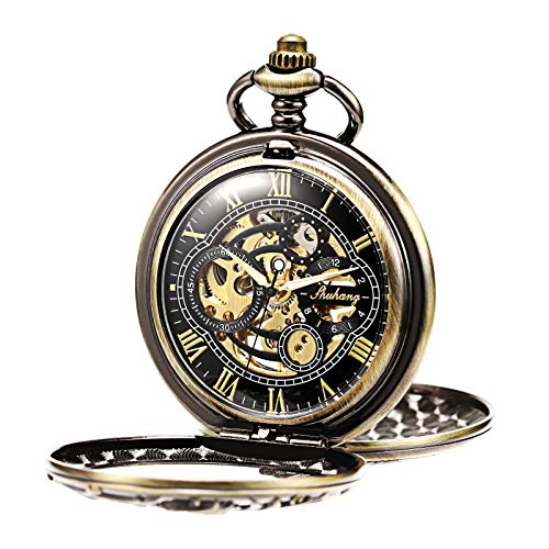 TREEWETO Mens Mechanical Pocket Watch Antique Dream Dragon Skeleton Bronze Double Open Case Gift for Men Women