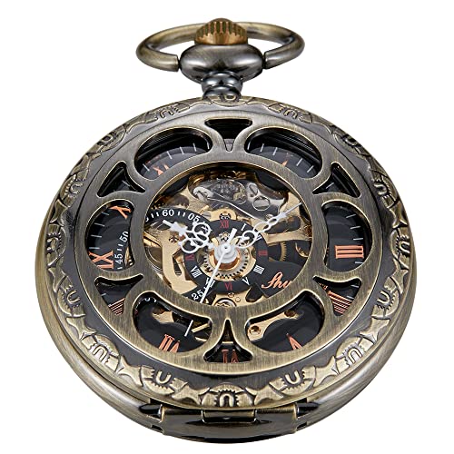 Brown Hollow Case Mechanical Pocket Watch, Men's Mechanical Antique Bronze Mechanical Pocket Wat..
