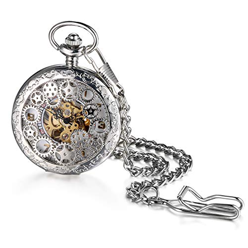 Avaner Steampunk Retro Half Hunter Copper Gear Skeleton Hand Wind Mechanical Roman/Arabic Numeral Analog Display Pocket Watch with 14