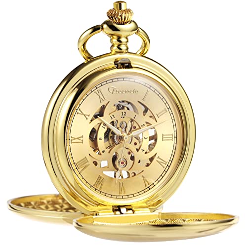 TREEWETO Men's Mechanical Pocket Watch Vintage Steampunk Bronze Gold Tone Smooth Double Case Rom..
