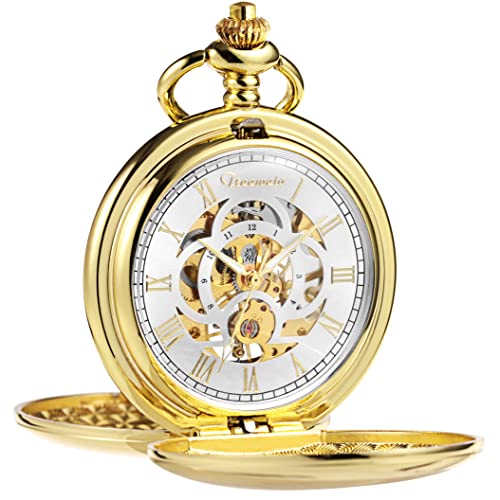 TREEWETO Men's Pocket Watch Retro Smooth Classic Mechanical Hand-Wind Gold Pocket Watches Steampunk Roman Numerals Fob Watch for Men Women with Chain Box