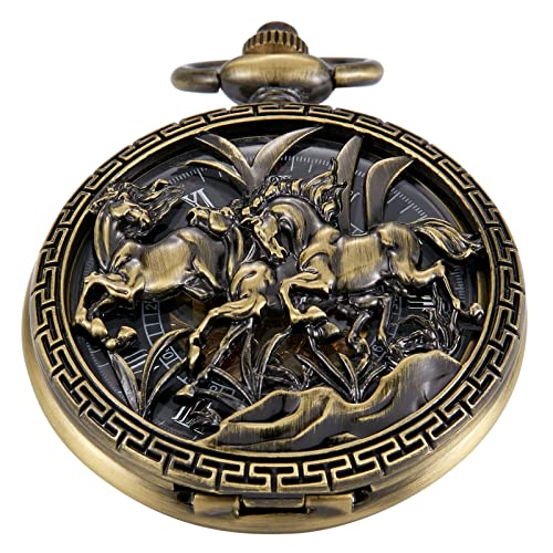 Whodoit Bronze Hollow Horse Design Mechanical Pocket Watch Men's Unique FOB Chain Roman Dial Steam Punk Bronze Skeleton Pocket Watches for Men