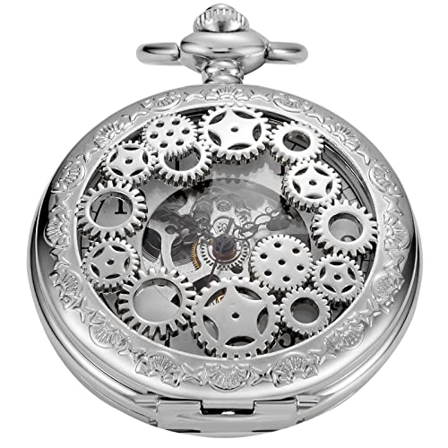 Double Open Silver Gear and Star Men's Mechanica Pocket Watch Cool Design, FOB Chain Double Open Case Design Mechanical Pocket..