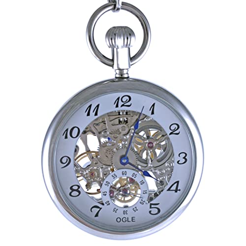 OGLE 3ATM Waterproof Large Size Classic Skeleton Vintage Stainless Steel Case Fob Manual Winding Hand Wind Manual Mechanical Pocket Watch(Silver Case#White Dial#Silver Movement)