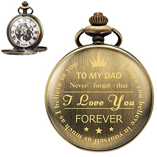 ManChDa Engraved Pocket Watch for Dad Papa Father Daddy Roman Numerals Dial Mechanical Skeleton Customized Customization Custom Engraving Personalized for Dad with Box and Chain