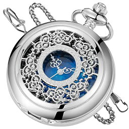 Tiong Pocket Watch Hollow Blue Star Design Roman Numerals Quartz with Chain Christmas Birthday Gifts