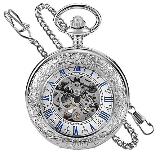 楽天angelicaTiong Mechanical Self-Wind Pocket Watch Skeleton Roman Numerals Pocket Watches with Chain Father‘s Day Gifts