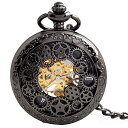 BOSHIYA Mechanical Pocket Watch Luminous Steampunk Vintage Pocket Watch/with Chains/Hand Wind Up/Black Skeleton/Dial Roman Numberals