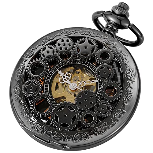 Alwesam Steampunk Vintage Roman Numerals Dial Skeleton Hand Wind Mechanical Pocket Watch with Box and Chains for Best Gifts