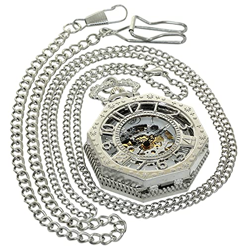 FobTime Silver Hollow Octagon Unisex Handwinding Mechanical Pocket Watch Skeleton Clock Roman Number Dial Necklace Chain Pendant