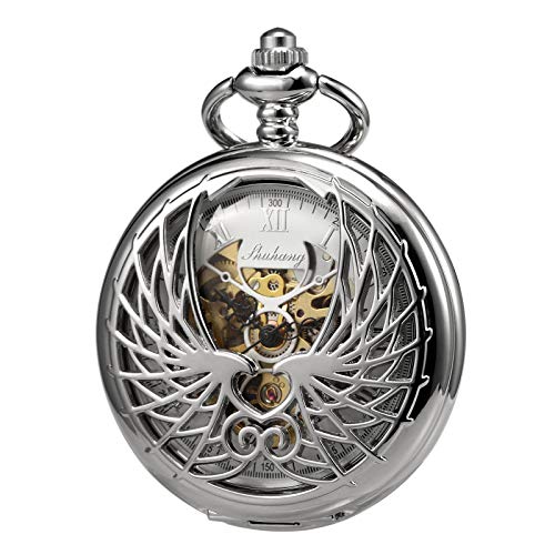 TREEWETO Men's Women's Pocket Watch Mechanical Skeleton Eagle Wings Double Hollow Case Roman Num..