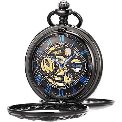 ManChDa Mens Antique Skeleton Mechanical Pocket Watch Dragon Hollow Hunter with Chain and Box (4..