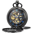 ManChDa Mens Antique Skeleton Mechanical Pocket Watch Dragon Hollow Hunter with Chain and Box (4.Blue)