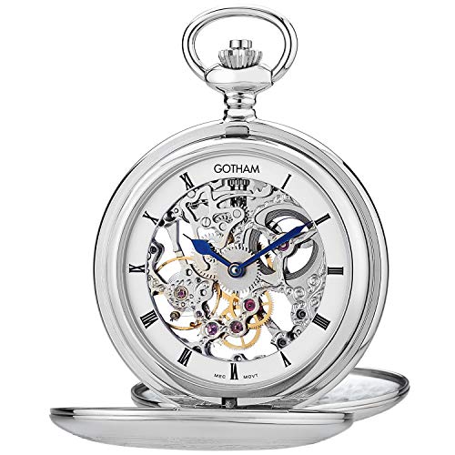 Gotham Men s Silver-Tone Double Cover Exhibition Mechanical Pocket Watch # GWC18800S