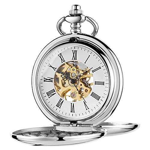 Whodoit Mens Silver Double Open Pocket Watch Hun