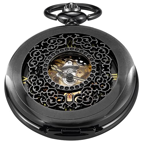 Black Hollow Mechanical Luminous Manual Winding Pocket Watch, Fashionable Hollow Roman Digital Dial Pocket Watches with Chain for Men
