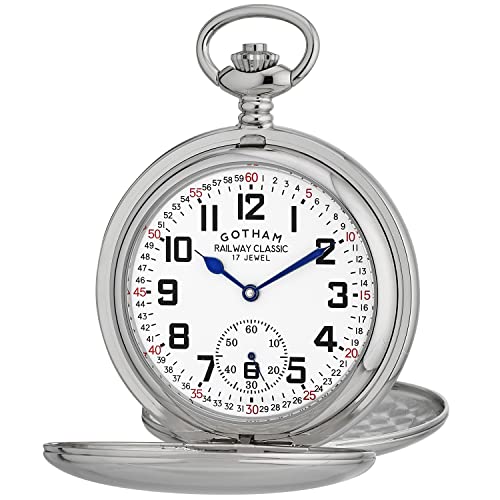 Gotham Men's Silver-Tone Railroad Dial Double Hunter 17 Jewel Mechanical Pocket Watch # GWC18806S