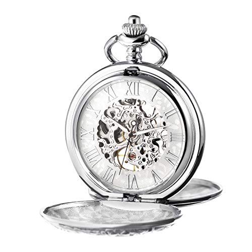 TREEWETO Men s Mechanical Skeleton Pocket Watch for Mens Women Roman Numerals Dial Silver Tone Double Case Pocket Watches