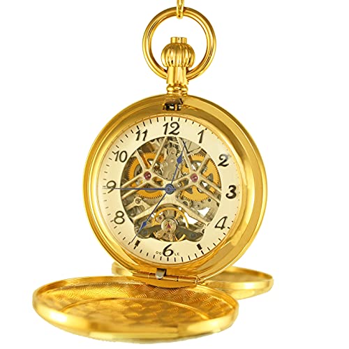 OGLE Vintage Double Copper Cover Case Dual Movement Skeleton Chain Fob Self Winding Automatic Mechanical Pocket Watch White Dial Solid Cover 