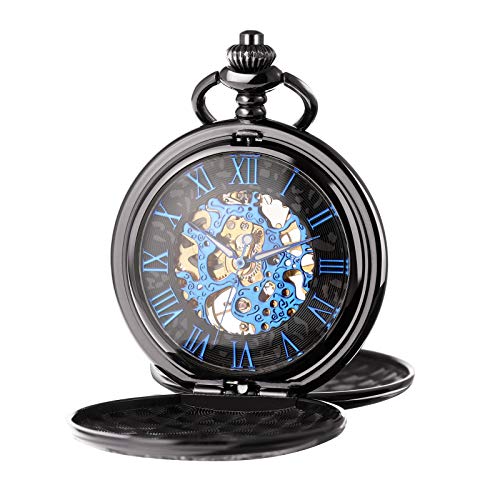 TREEWETO Men s Mechanical Skeleton Pocket Watch for Mens Women Blue Roman Numerals Dial Black Double Case Pocket Watches